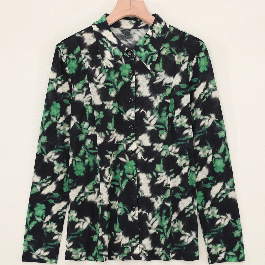 LANZIBES/蓝之蓓绵羊毛印花衬衫女士翻领长袖宽松显瘦开衫C10104