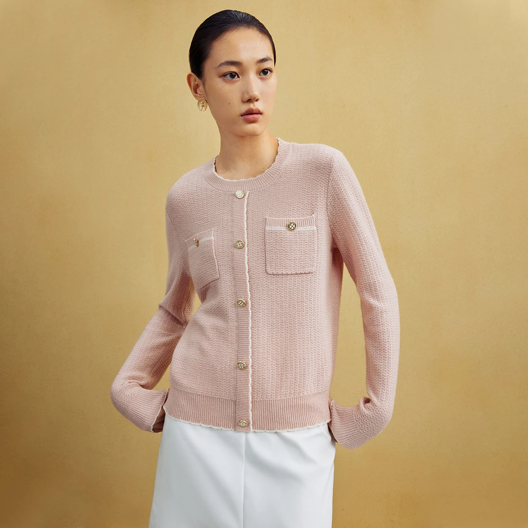 【曼德诗】亲肤绵羊毛针织衫女春季小香风式圆领套头衫MC733308212