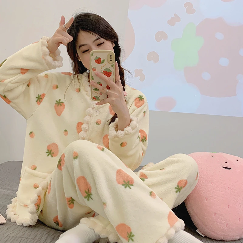 【草莓挞】2025新款法兰绒可爱甜美少女感家居服秋冬季睡衣女套装