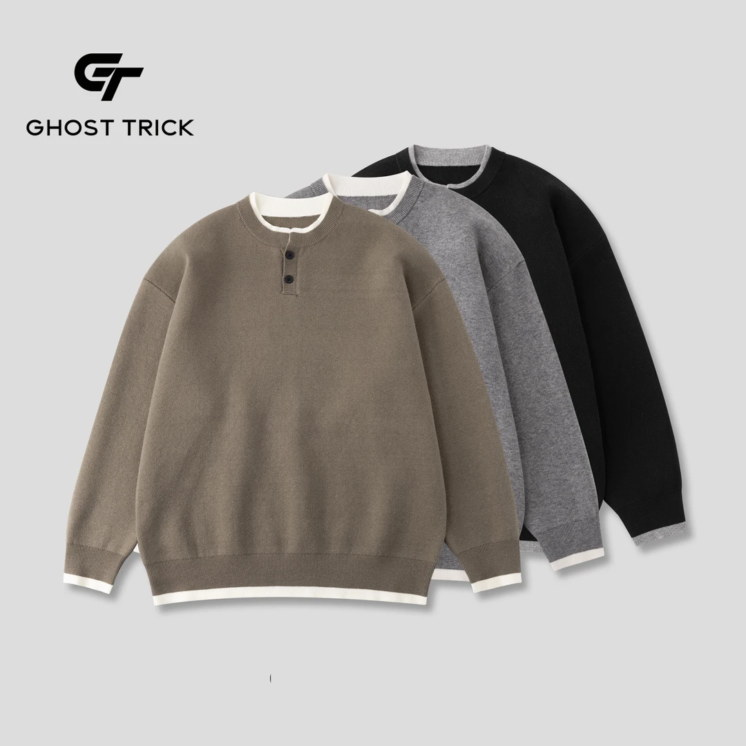 冬季重磅假两件美式复古线衣保暖亨利领毛衣771