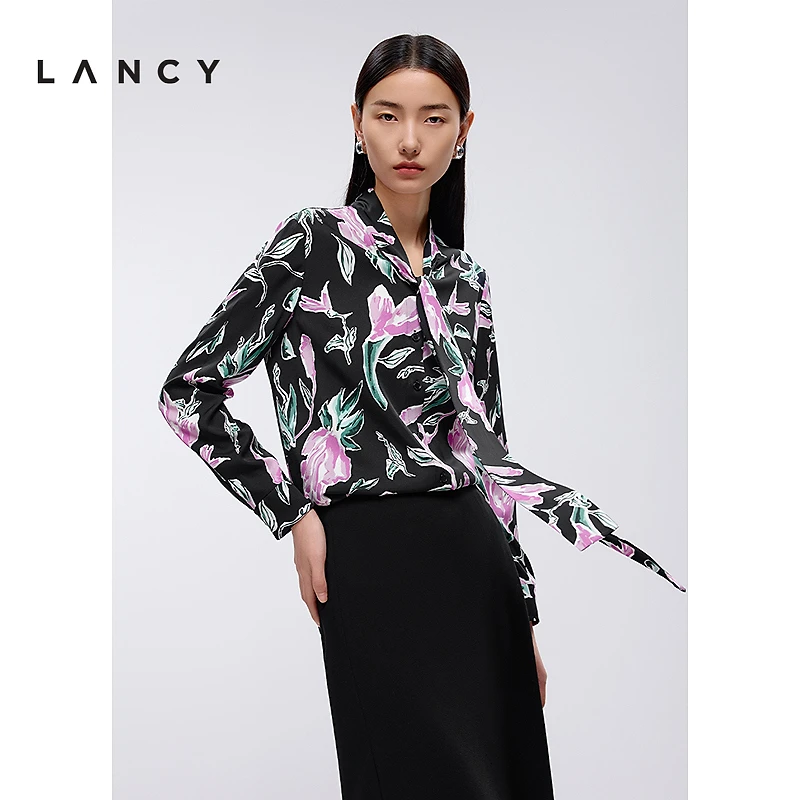 LANCY/朗姿2025春新款气质印花飘带真丝衬衫女设计感优雅长袖上衣