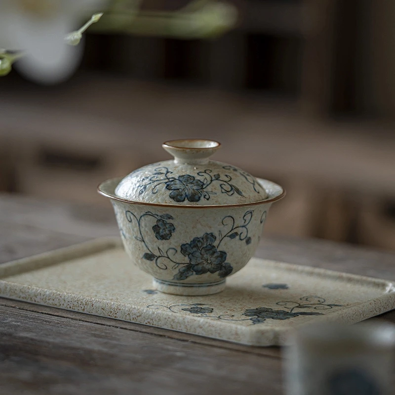 缠枝莲手绘元宝盖碗长方形干泡盘茶托盘陶瓷泡茶碗小茶盘