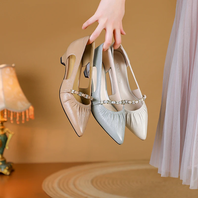 羊皮/3公分/34-42/9464夏季新款女鞋单鞋镂空坡跟优雅珍珠凉鞋