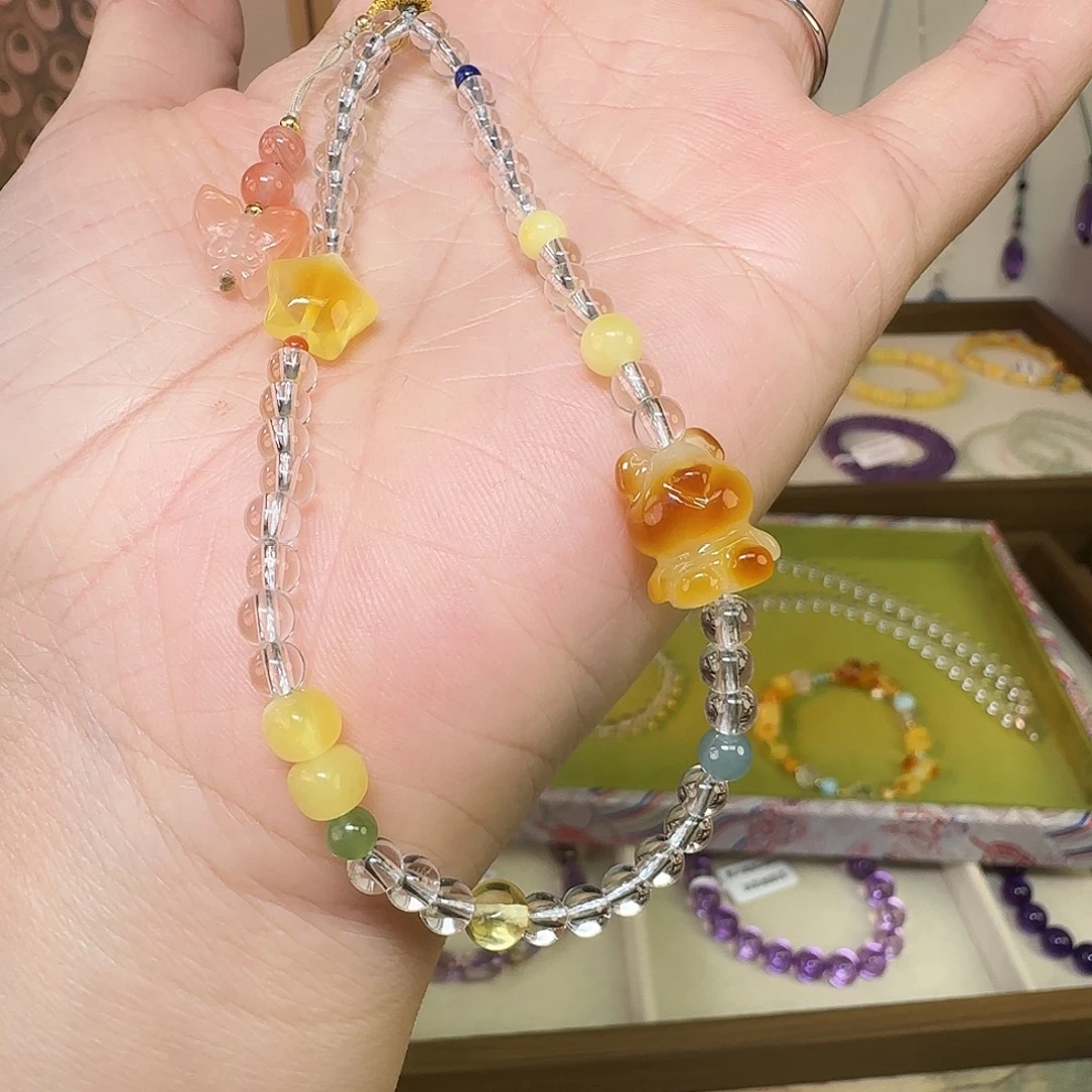 清***梅水晶未镶嵌手串蜜蜡手机链