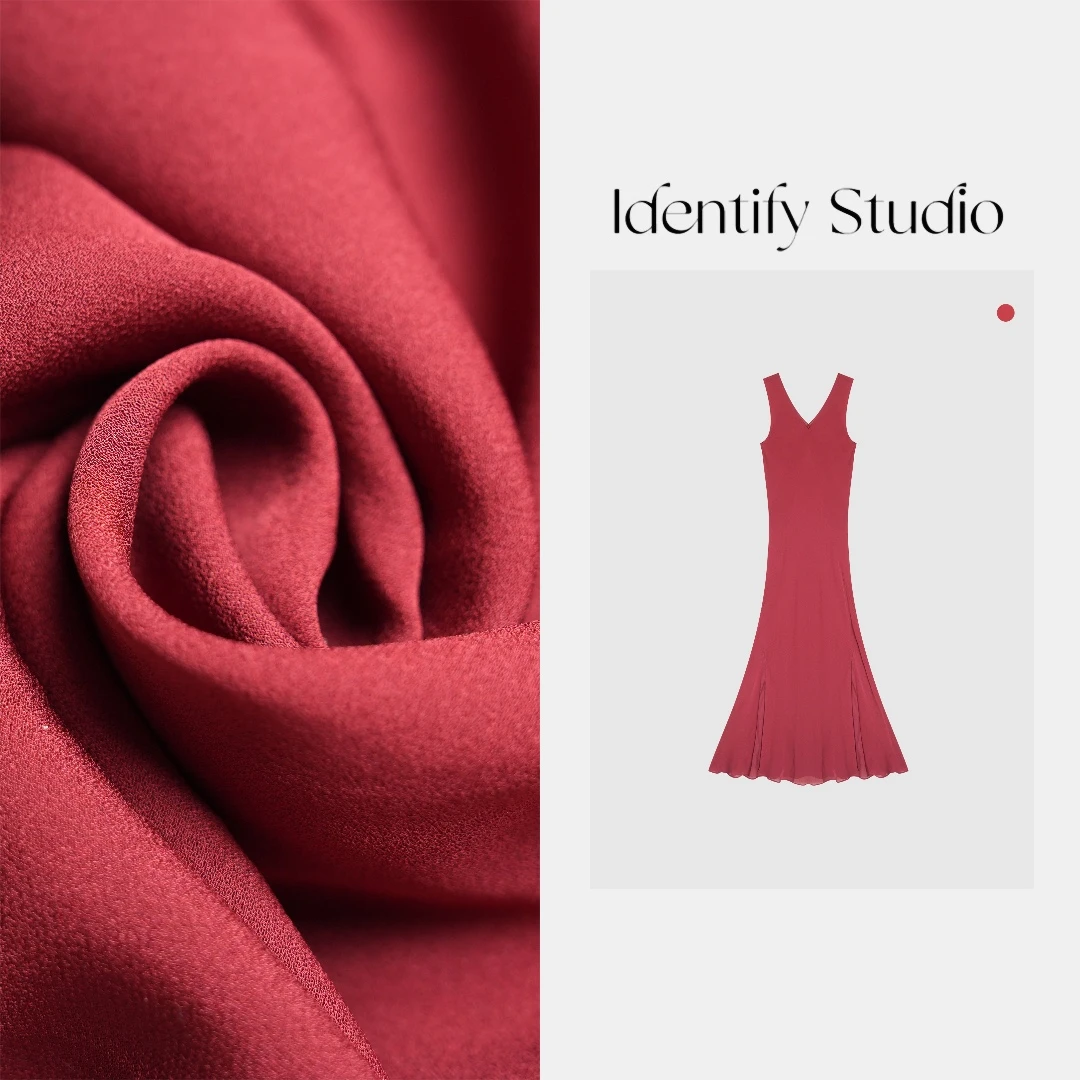 IDENTIFY“红色优雅”夏季时尚休闲无袖收腰100真丝连衣裙25SS