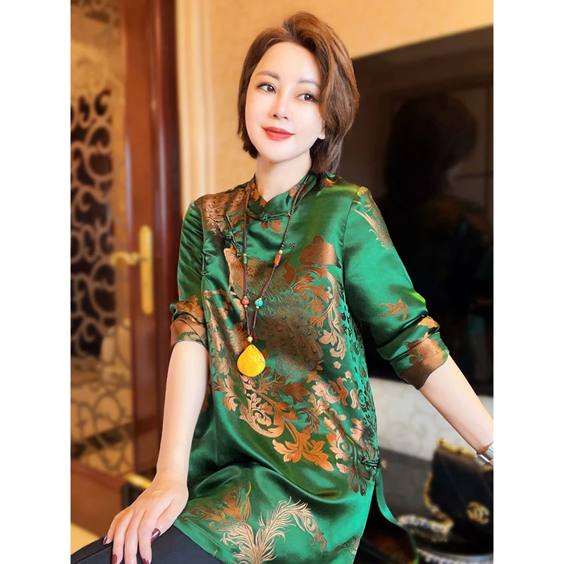 桑蚕丝老缎中长款衬衫女新中式宽松气质上衣25081622