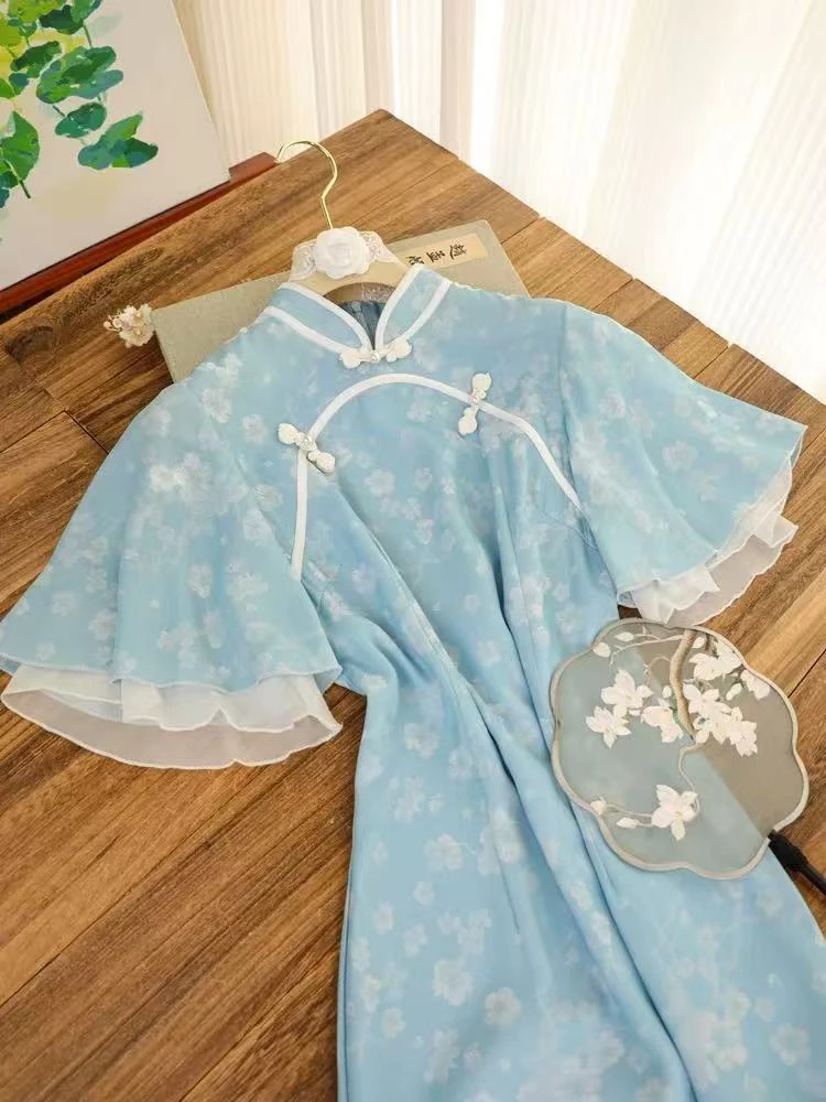 0101 蓝色 飞飞袖 美玲襟 旗袍