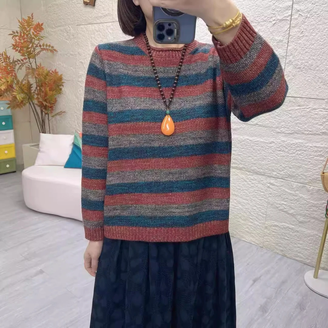 半高领条纹针织衫秋冬2025新款休闲X时尚妈妈装宽松百搭长袖上衣