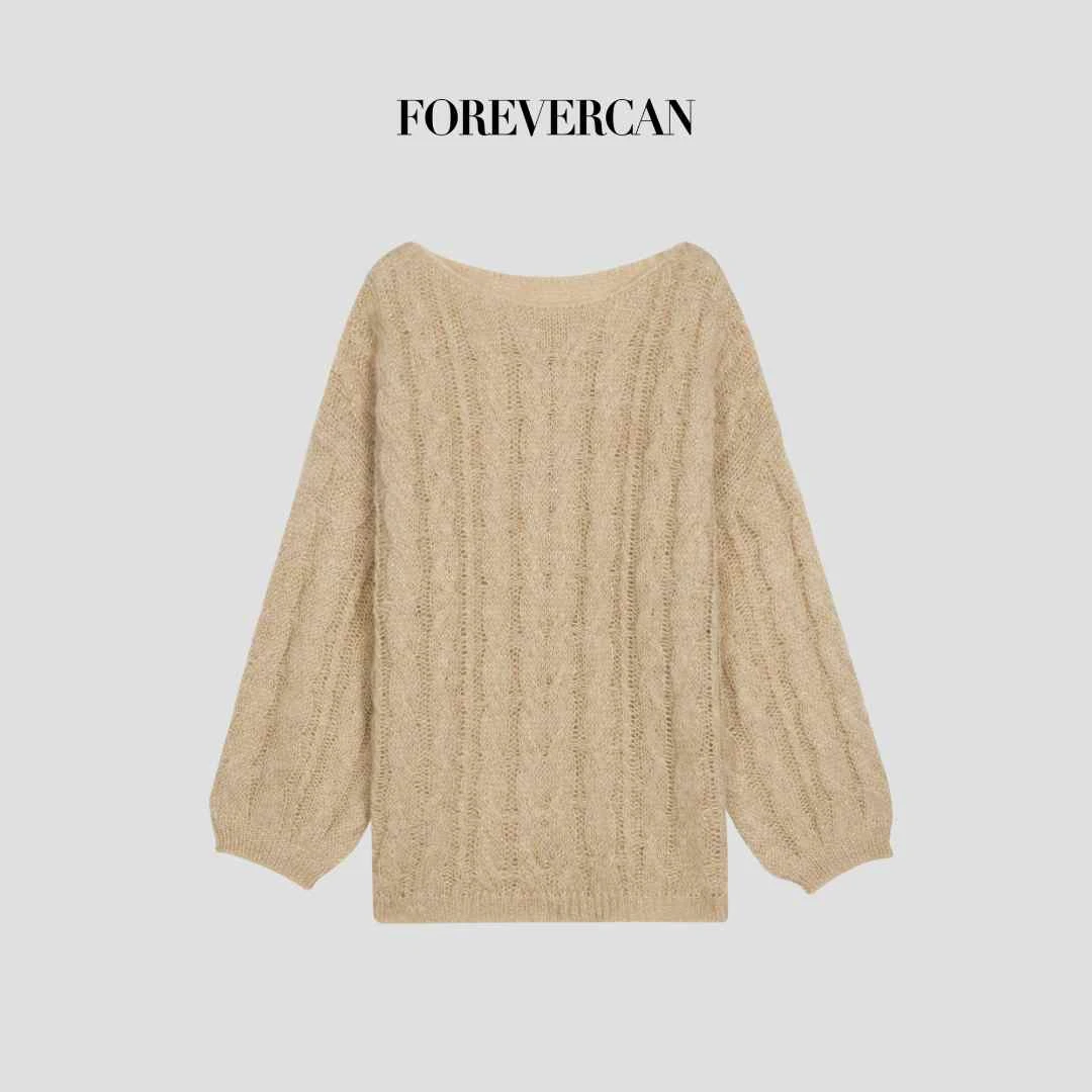 FOREVERCAN“柿柿如意”慵懒风美丽诺羊毛镂空麻花针织上衣MY4492