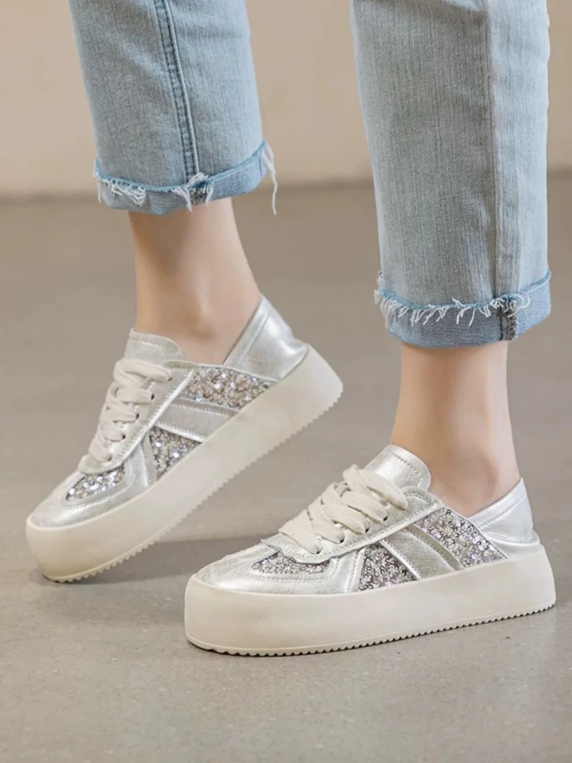 29-55真皮两穿小白鞋女爆款亮片休闲鞋2025新款厚底圆头运动板鞋