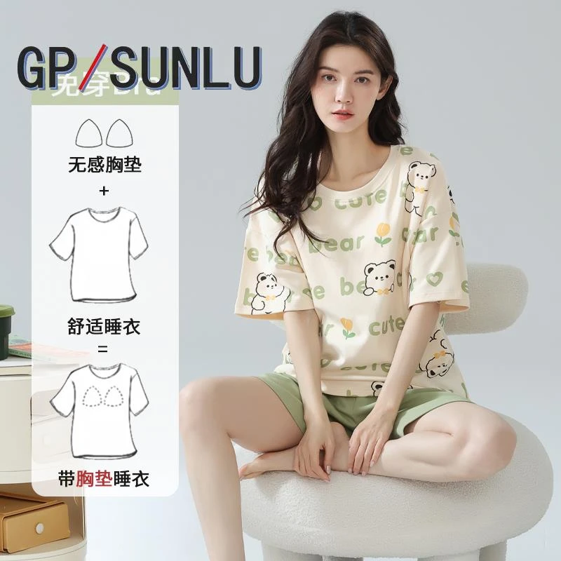 日本小众GP睡衣女士夏天短袖棉质薄款带胸垫可爱卡通宽松套装家居