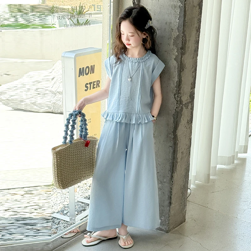 女童夏装套装2025新款中大童洋气时髦无袖上衣休闲阔腿裤两件套