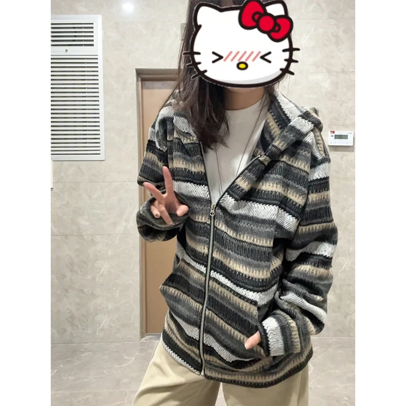 美式慵懒风条纹针织开衫秋季vintage重磅男女款连帽卫衣帽衫外套