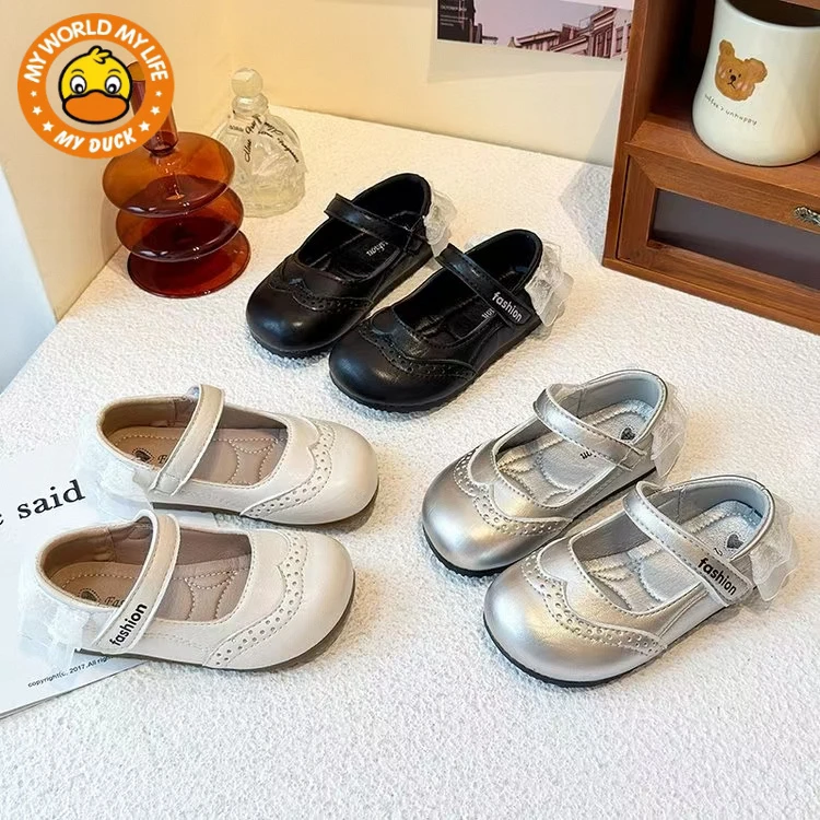 小黄鸭女童皮鞋2025春秋新款儿童软底防滑玛丽珍鞋小女孩蕾丝公主