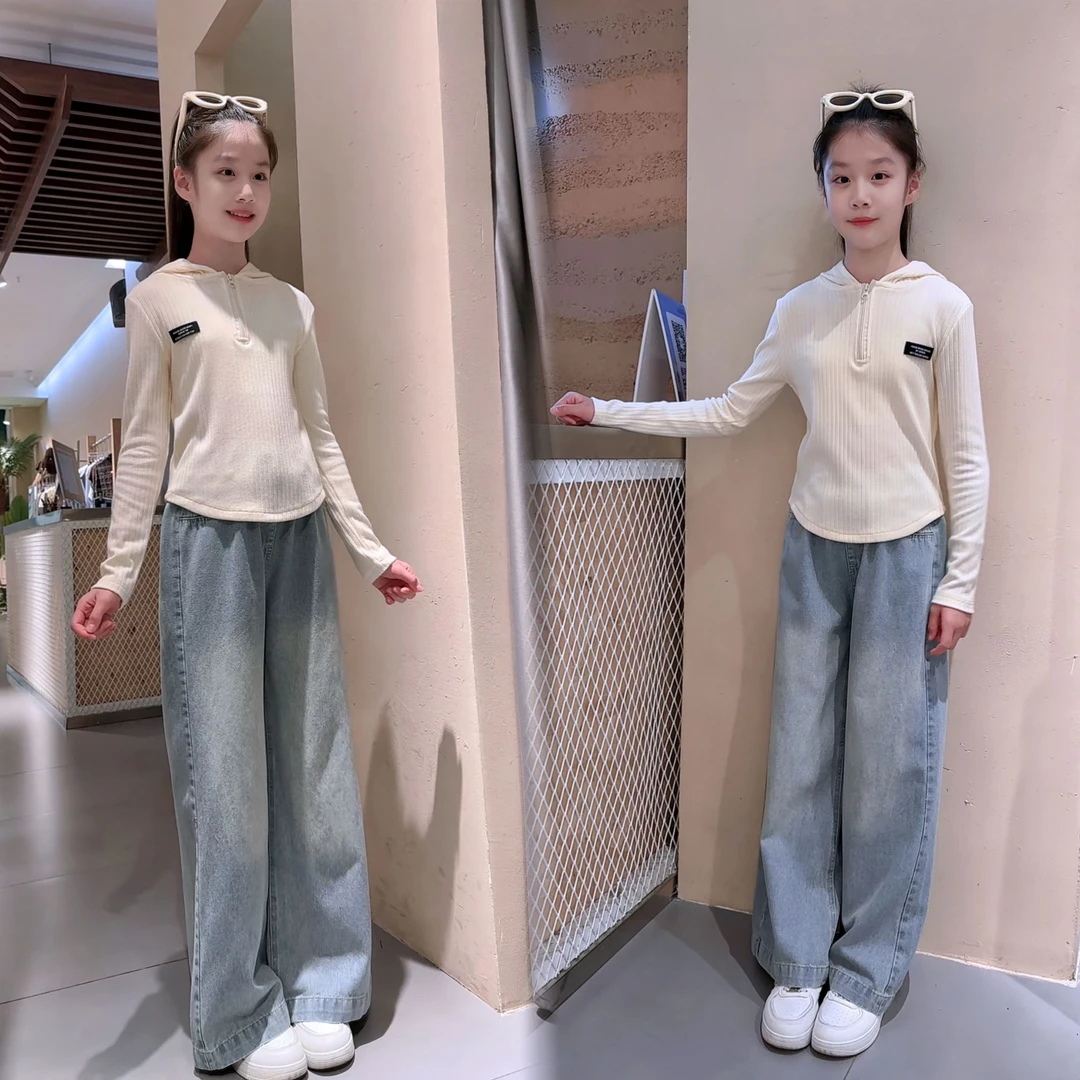 女童春秋休闲风套装中大童洋气百搭长袖连帽衫网红打底+牛仔裤潮9