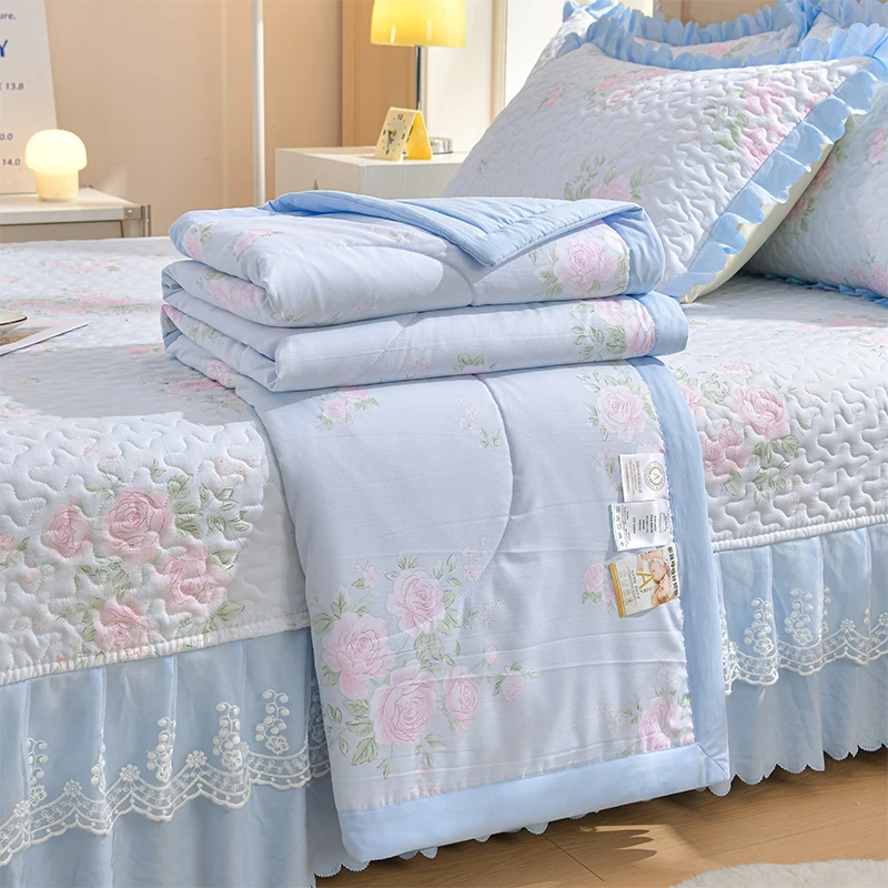 床盖四件套夏季新款印花凉感空调被蕾丝花边夏凉被四件套可机洗