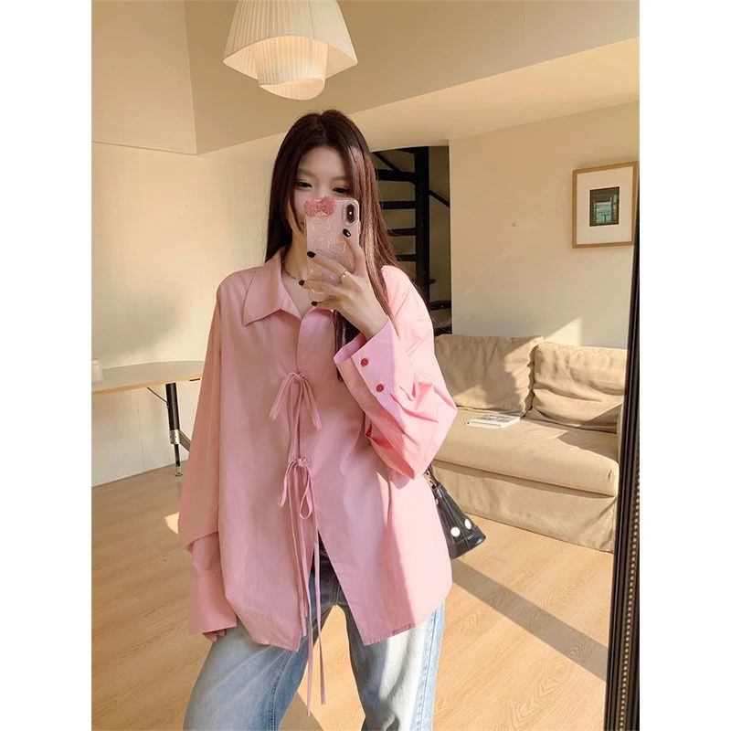 韩系慵懒风蝴蝶结系带长袖衬衫女春秋新款宽松休闲翻领中长款上衣
