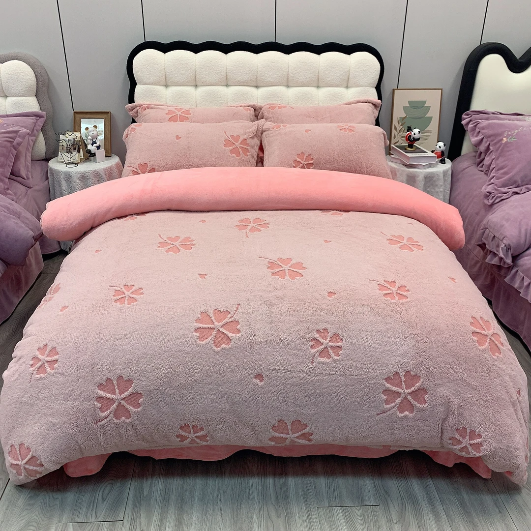 雪京  现货  冬季加厚加绒宝宝绒提花款四件套 牛奶绒床上用品