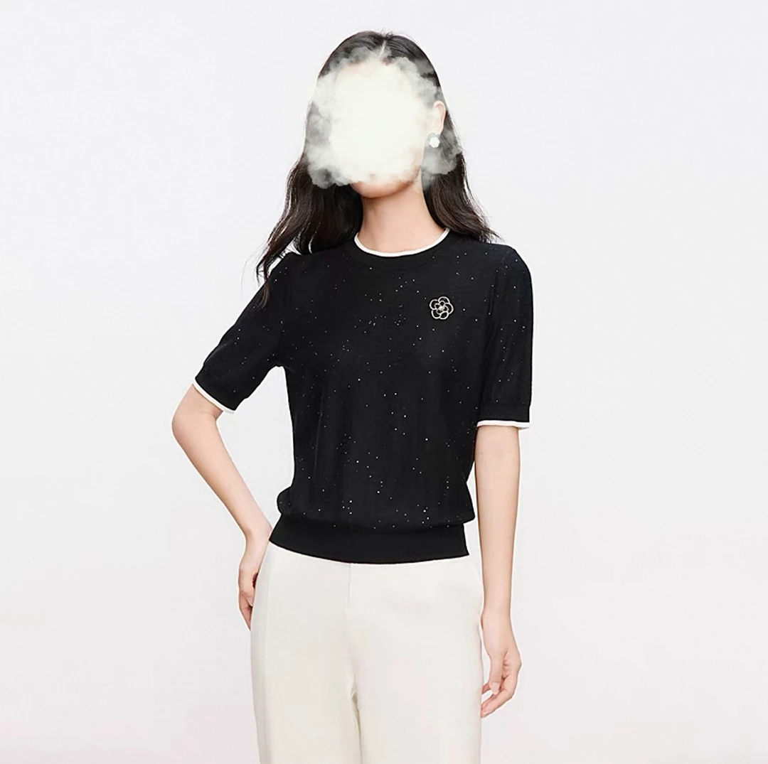 珂家yuan25年夏季新款短袖山茶花针织衫高级百搭7010