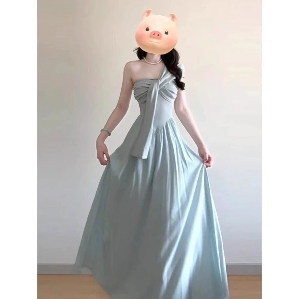 蓝色海边度假抹胸连衣裙子女夏季2025新款冷淡系独特别致气质长裙