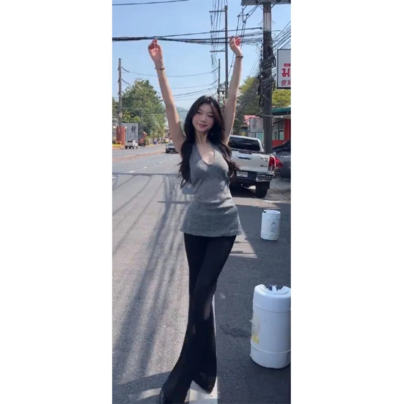 2025秋夏季新款修身显瘦气质时尚设计感U领无袖上衣休闲直筒长裤