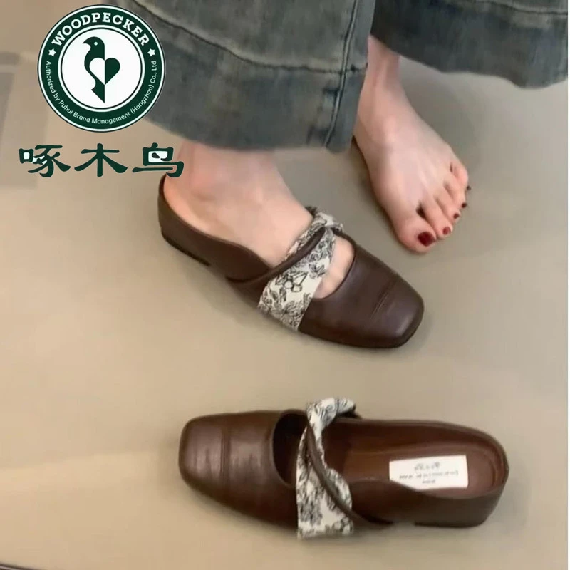 啄木鸟内增高包头半拖鞋外穿2025夏季新款法式厚底玛丽珍坡跟单鞋