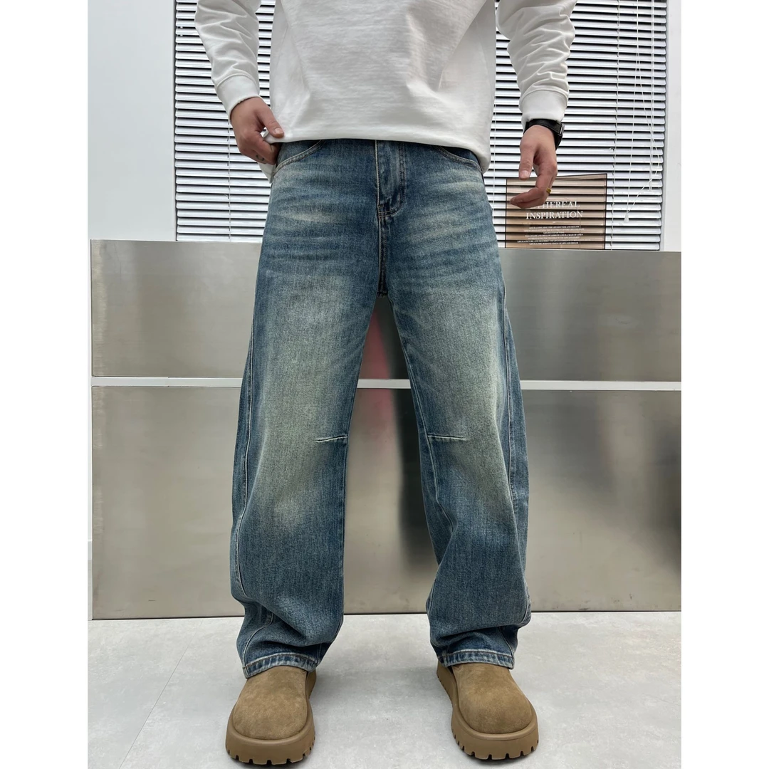 男士弯刀牛仔裤宽松直筒阔腿裤秋冬美式休闲街头风潮牌加厚弯刀裤