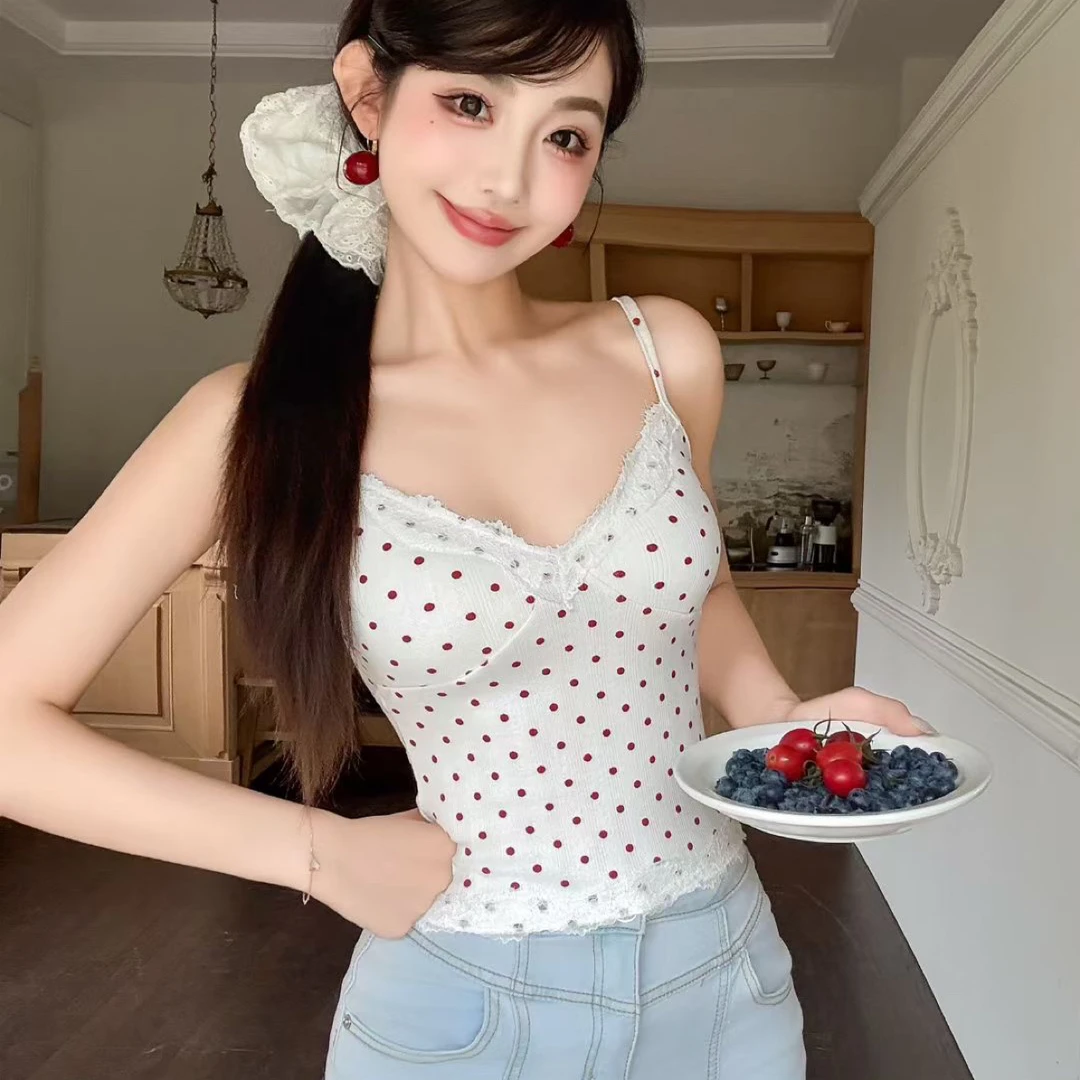 纯欲风波点蕾丝拼接气质带胸垫吊带背心女夏季修身短款上衣复古