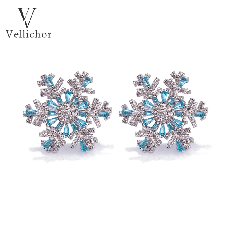 铜合金耳饰 原创设计唯美旋转雪花耳钉女士蓝色高档耳环耳饰
