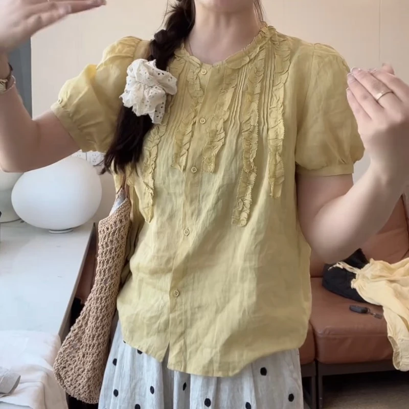 复古衬衫短袖2025夏季新款纯色洋气木耳褶皱泡泡袖小衫