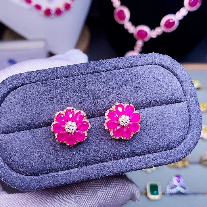 银S925镶嵌耳饰红宝石