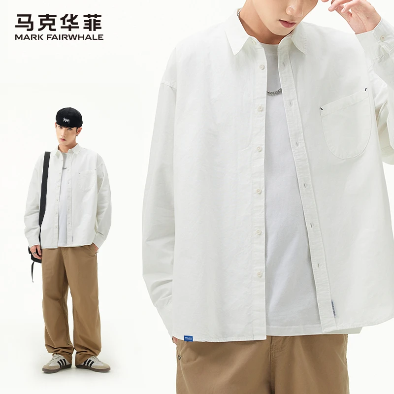 马克华菲复古潮牌简约纯色工装长袖衬衫男士秋季宽松休闲百搭衬衣