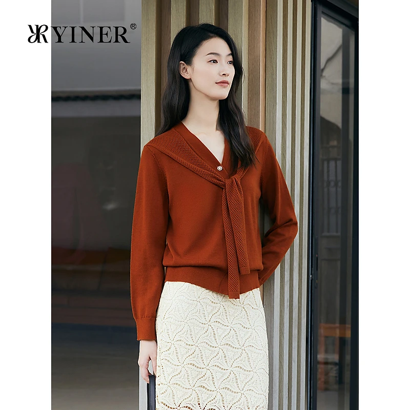 YINER音儿专选2025春季新款欧若智性风领结拼接假两件针织衫套头