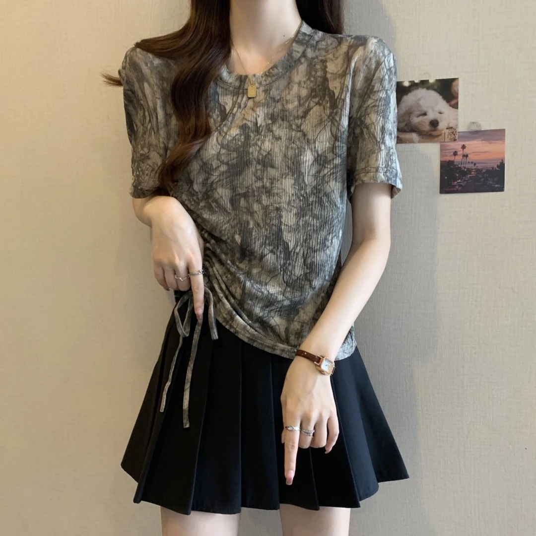 大码国风水墨扎染抽绳短袖t恤女夏季新款宽松显瘦潮流正肩上衣女