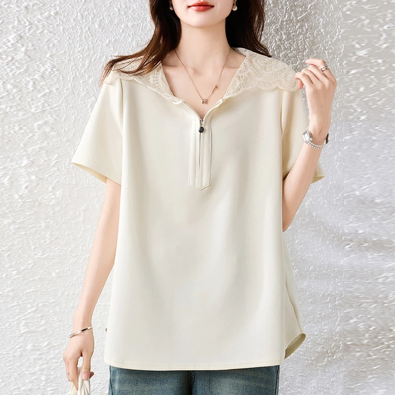 连帽短袖拉链领口休闲减龄T恤2025夏季新款简约舒适T恤打底衫女装