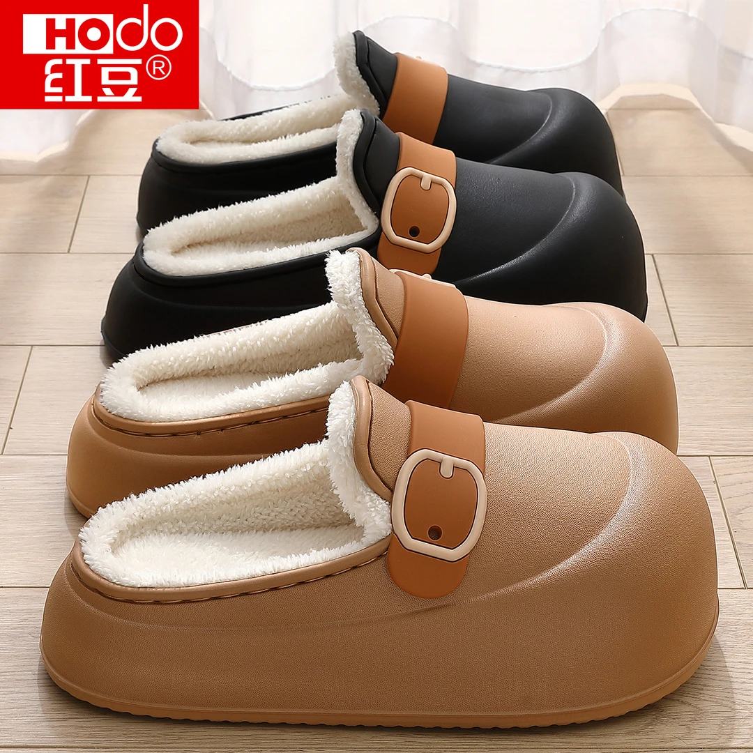 红豆防水棉拖鞋女款时尚百搭毛绒厚底防滑2025秋冬季保暖棉拖外穿