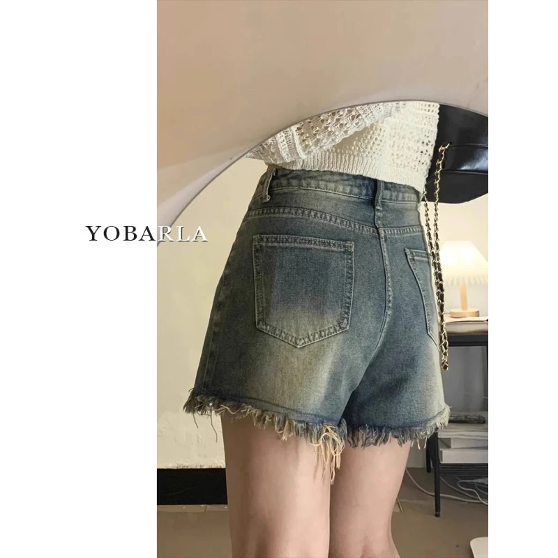 复古牛仔短裤女秋冬新款高腰宽松大码遮胯显瘦梨形身材阔腿热裤子