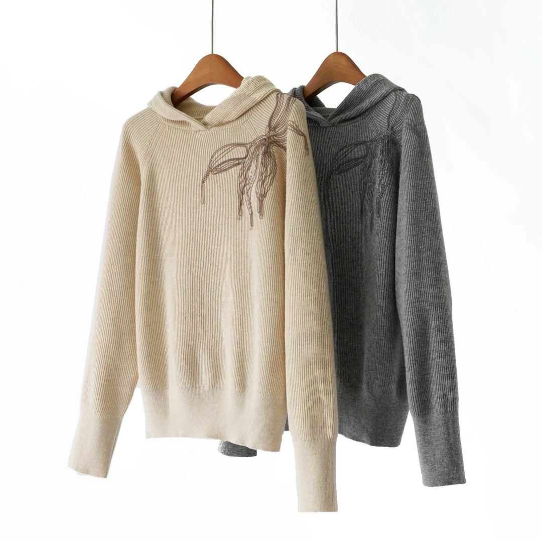 【YS11693】 25秋冬新款重工珠链蝴蝶结100%羊毛连帽套头软糯针织衫