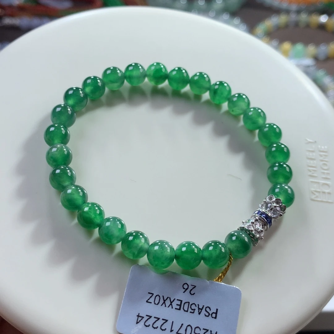 翡翠未镶嵌手链推荐！老种冰胶翠辣绿手串卡6.5