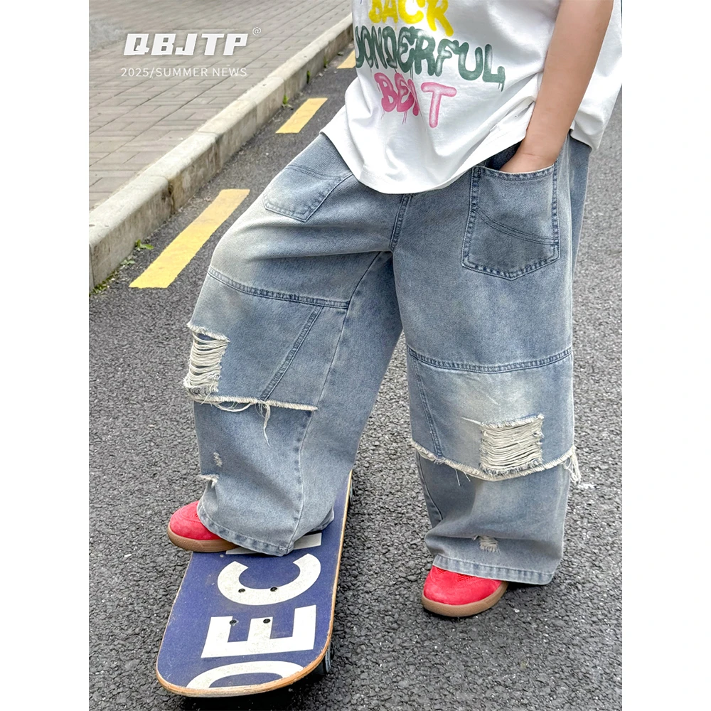 Q宝家童品5月新款 男童破洞牛仔裤儿童防蚊裤夏季轻薄中大童裤子