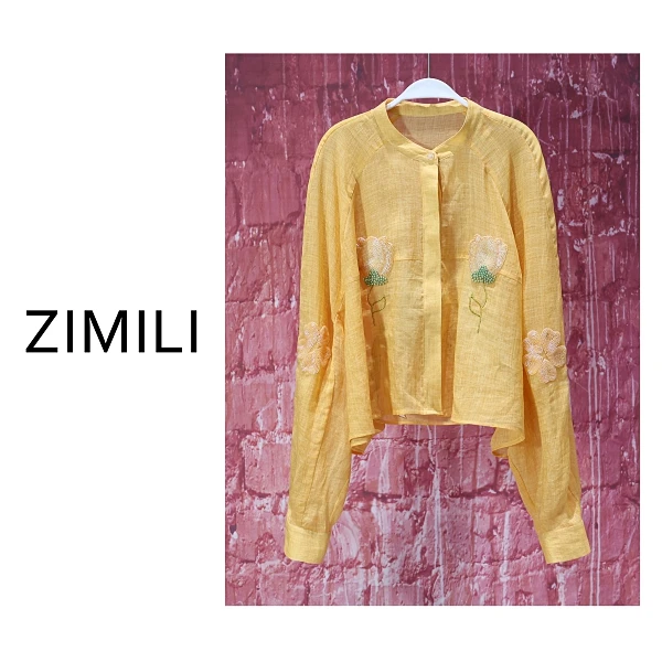 【子秋女装】2025夏轻薄透气冰凉感杏黄色刺绣串珠印花纱衬衫8015