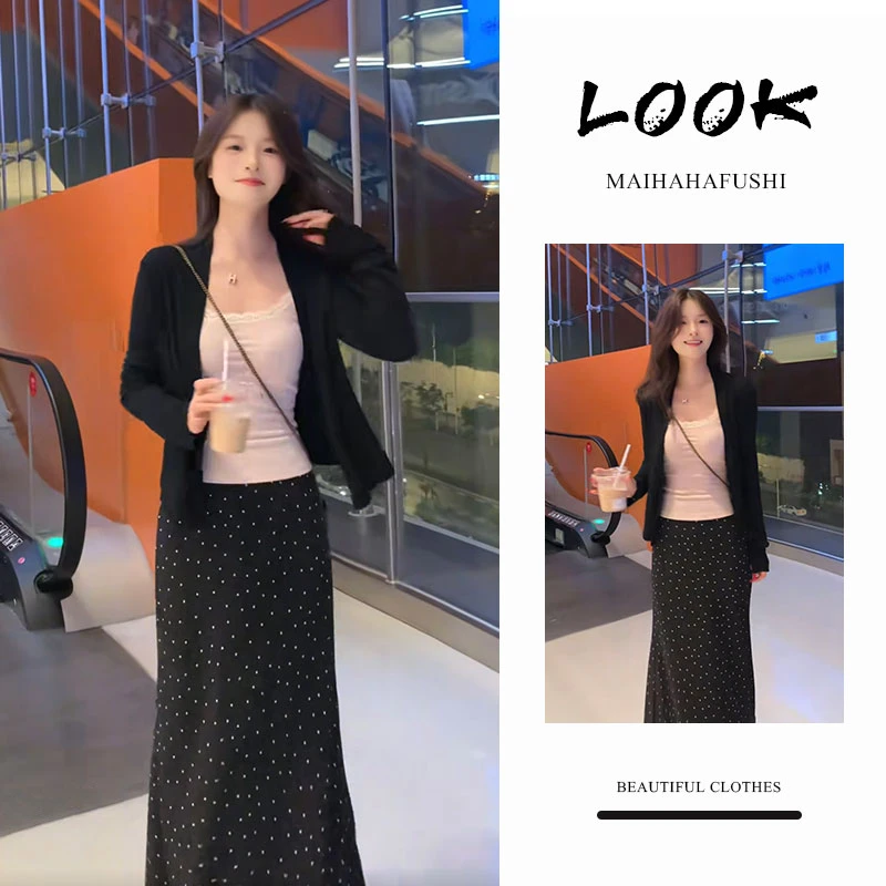 夏季一整套女装2025新款韩版黑色开衫粉色吊带波点半身裙三件套装