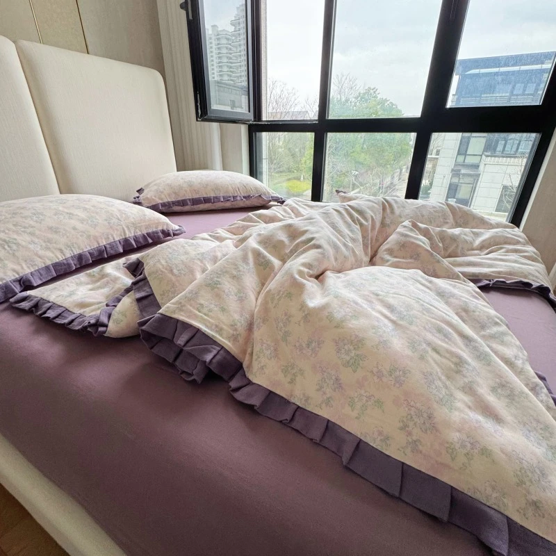 法式花边款纯棉双层纱四件套全棉套件柔软舒适印花公主风床上用品