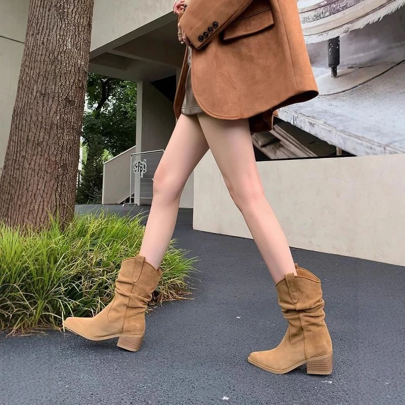 赵露思同款真皮复古褶皱堆堆靴粗跟西部牛仔瘦瘦靴中筒骑士短靴女