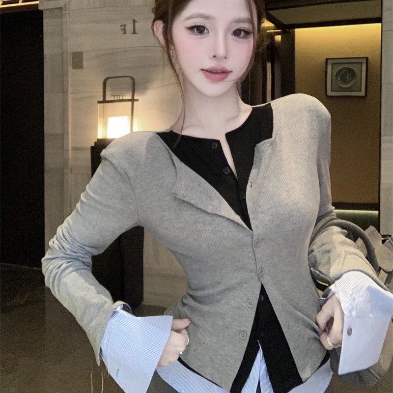 韩版圆领拼接衬衣袖修身三层假两件女外穿春装洋气不规则开衫T恤