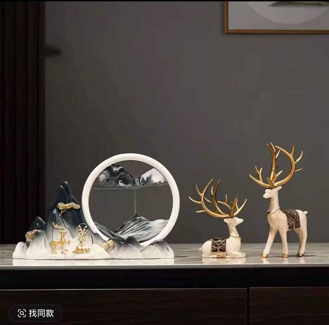 意境山水流沙画创意新中式轻奢鹿摆件电视柜客厅酒柜装饰品情人节