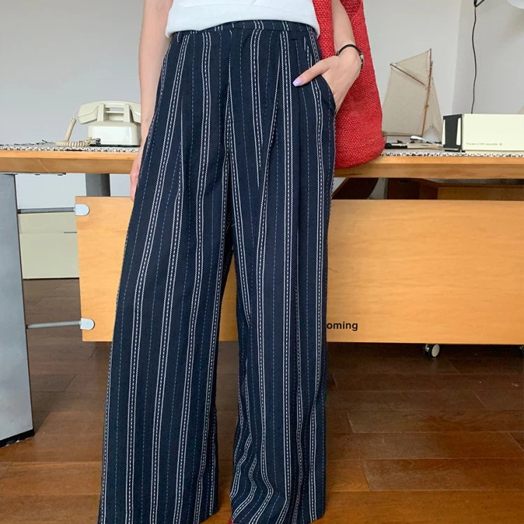 AIXILI爱西里2025夏季复古风条纹阔腿裤休闲裤显瘦拖地长裤A1187