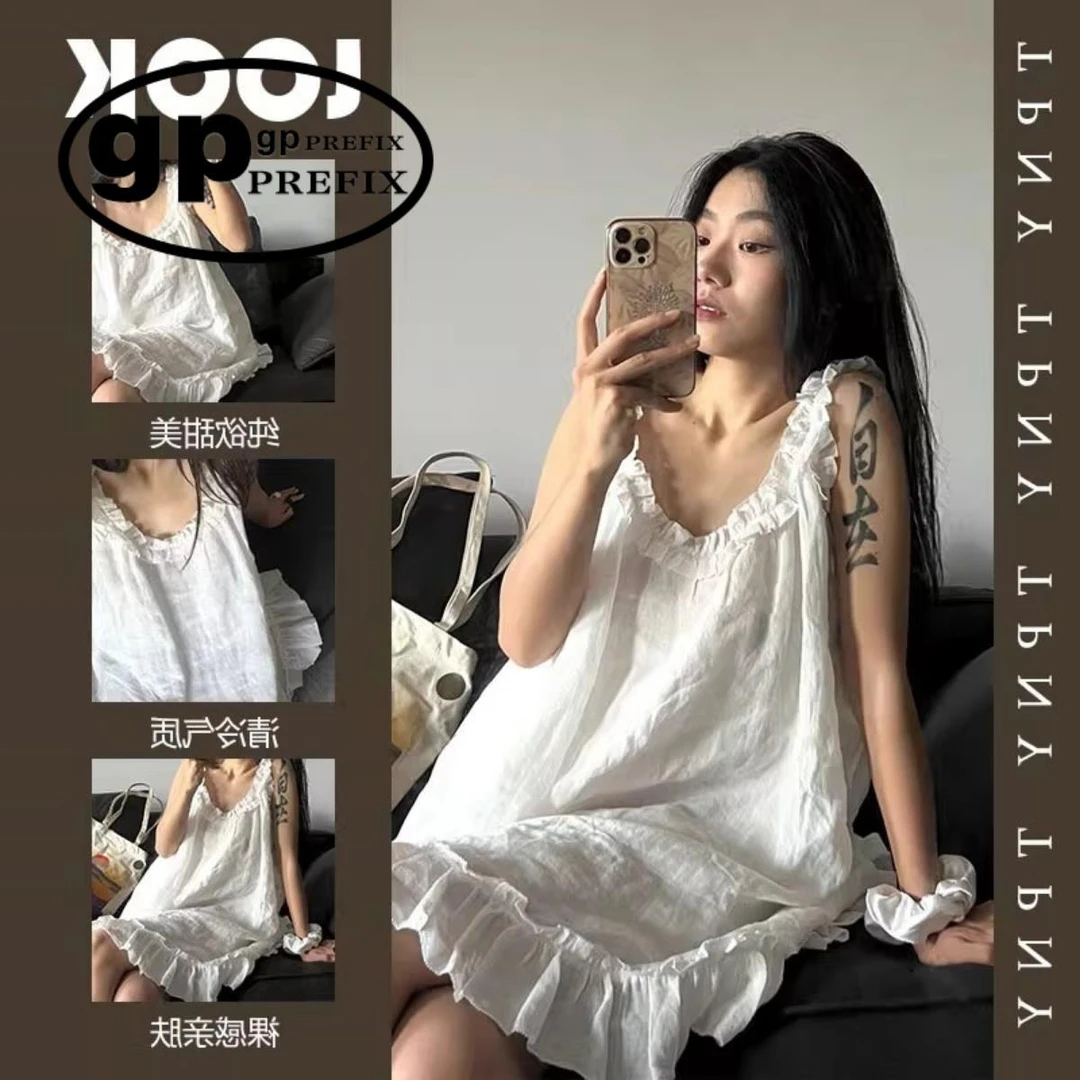 日系小众GP吊带睡裙女夏天纯棉甜美木耳边少女睡衣大码家居服裙子