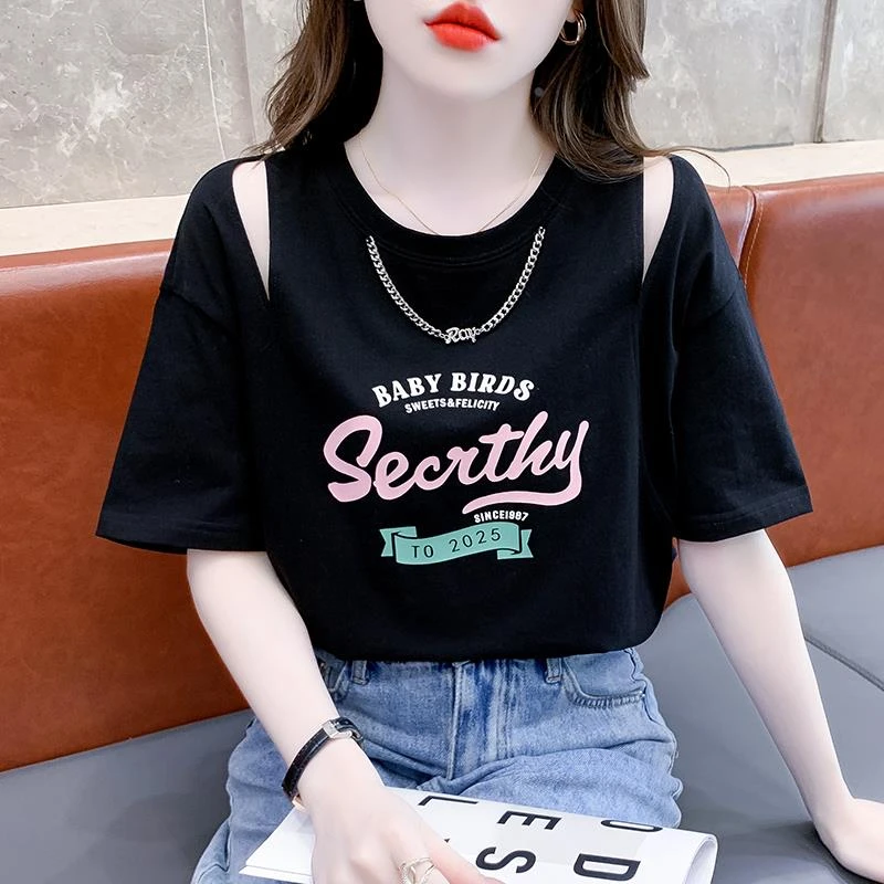 法乐琪短袖t恤女2025新款夏季爆款时尚百搭设计感露肩假两件上衣