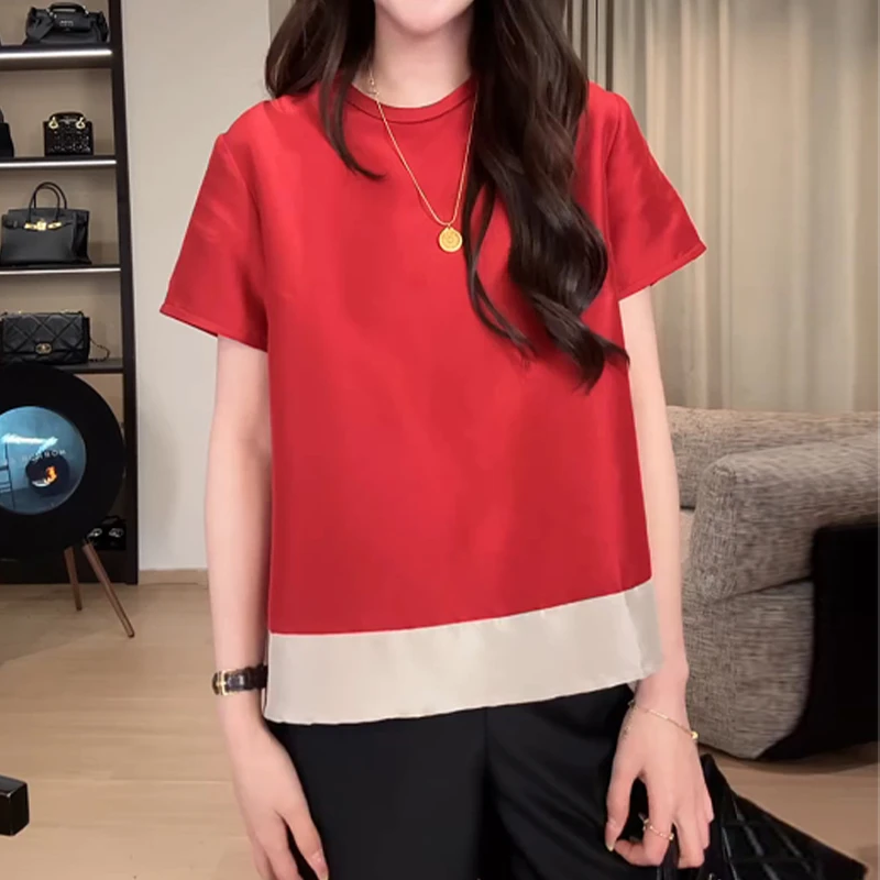 时尚简约拼接拼色圆领T恤夏季新款减龄时髦宽松百搭后纽扣上衣女